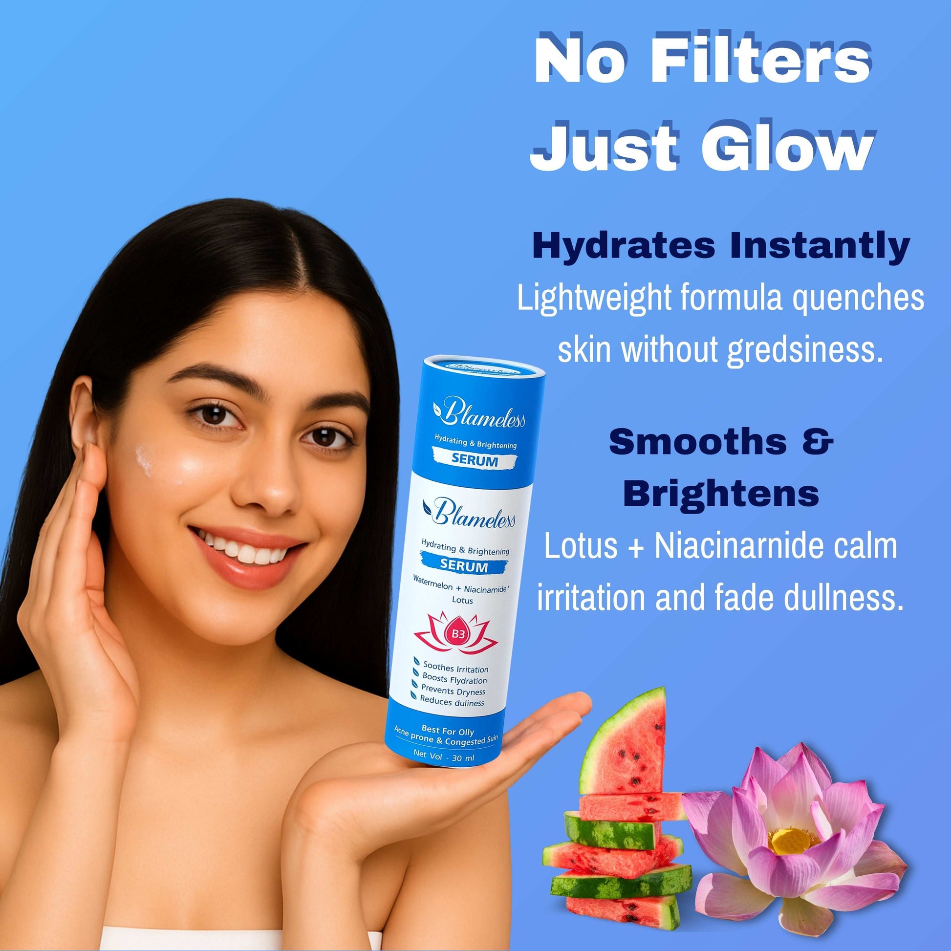 Blameless Hydrating & Brightening Serum | With Watermelon, Niacinamide & Lotus Extracts | For Oily, Acne-Prone & Congested Skin | 50ml