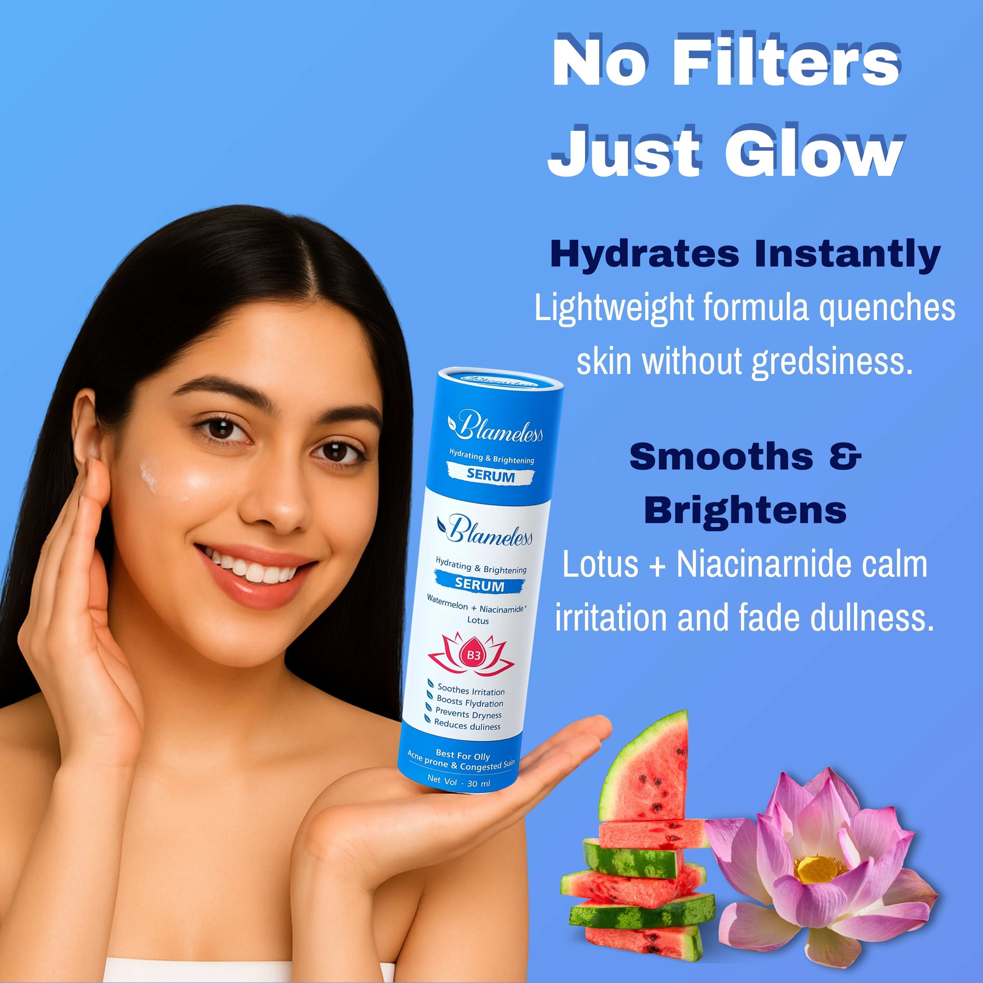 Blameless Hydrating & Brightening Serum | With Watermelon, Niacinamide & Lotus Extracts | For Oily, Acne-Prone & Congested Skin | 50ml