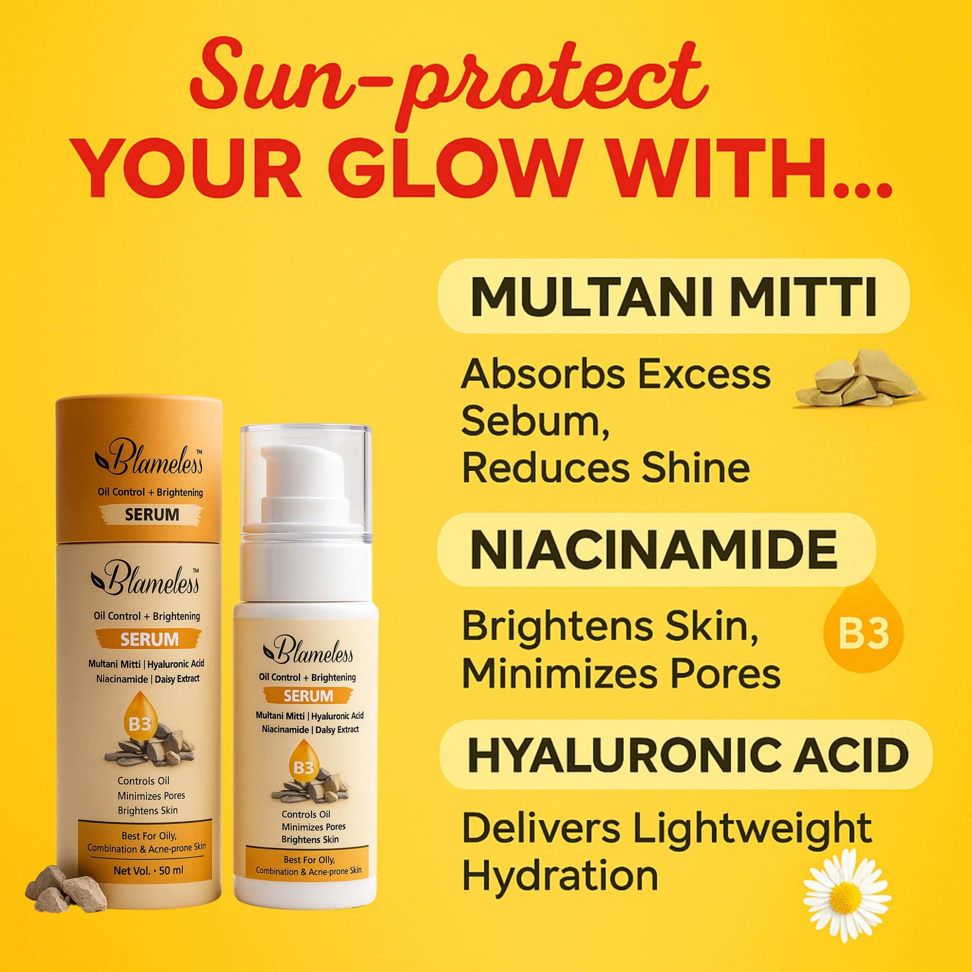 Blameless Oil Control + Brightening Serum | Niacinamide, Multani Mitti, Hyaluronic Acid & Daisy Extract | Lightweight Gel for Oily, Acne-Prone Skin | Controls Sebum, Minimizes Pores & Evens Tone | 50ml