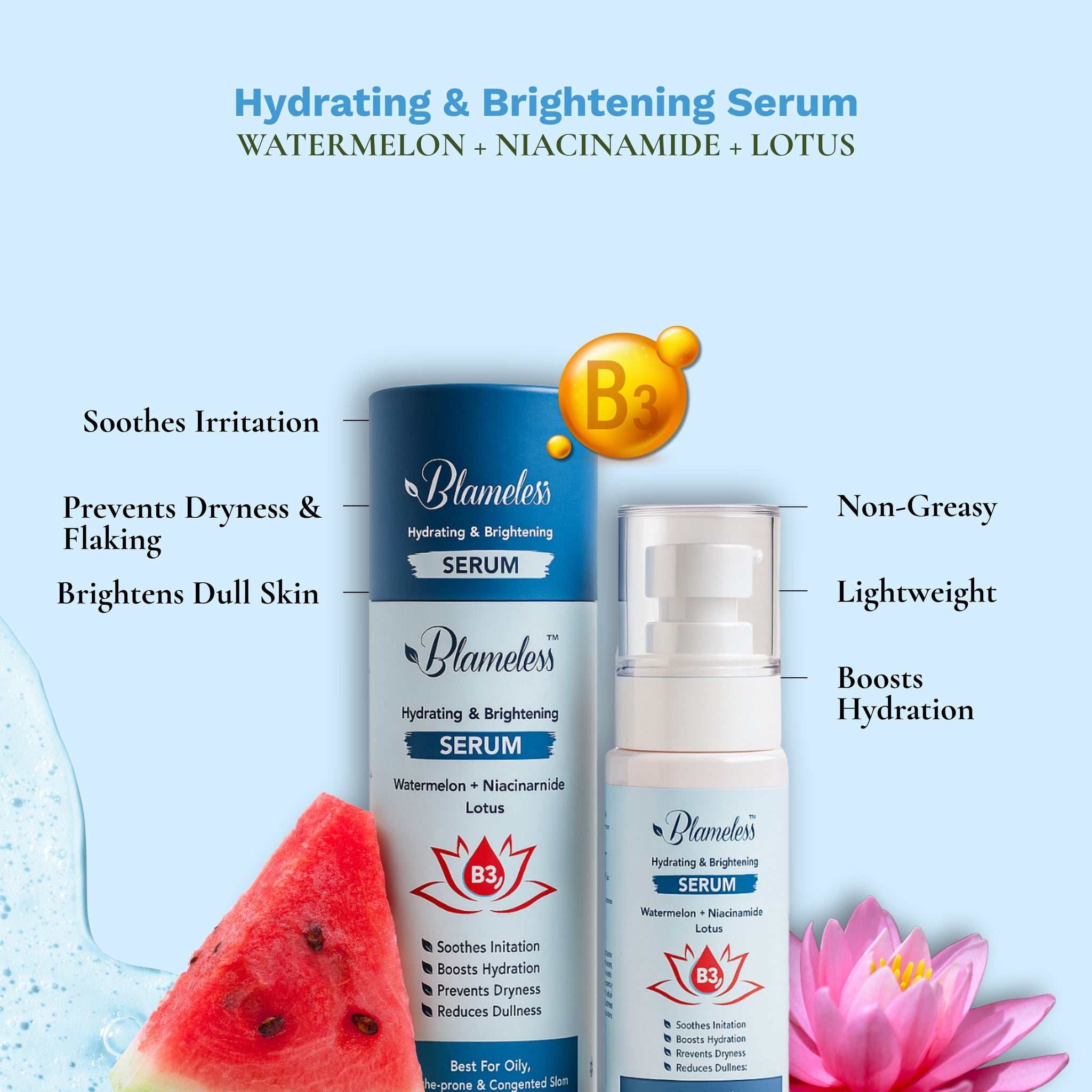 Blameless Hydrating & Brightening Serum | With Watermelon, Niacinamide & Lotus Extracts | For Oily, Acne-Prone & Congested Skin | 50ml