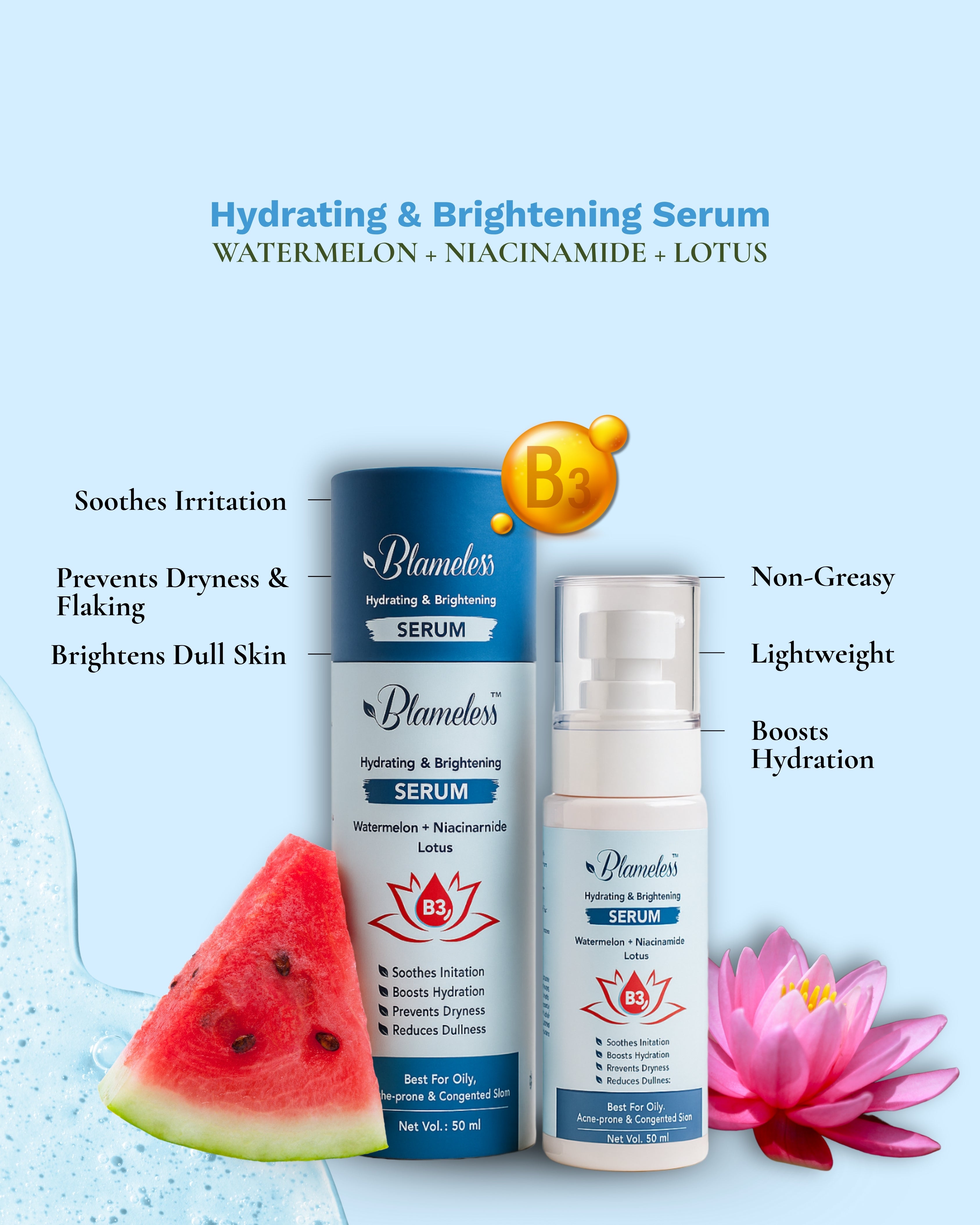 Blameless Hydrating & Brightening Serum | With Watermelon, Niacinamide & Lotus Extracts | For Oily, Acne-Prone & Congested Skin | 50ml