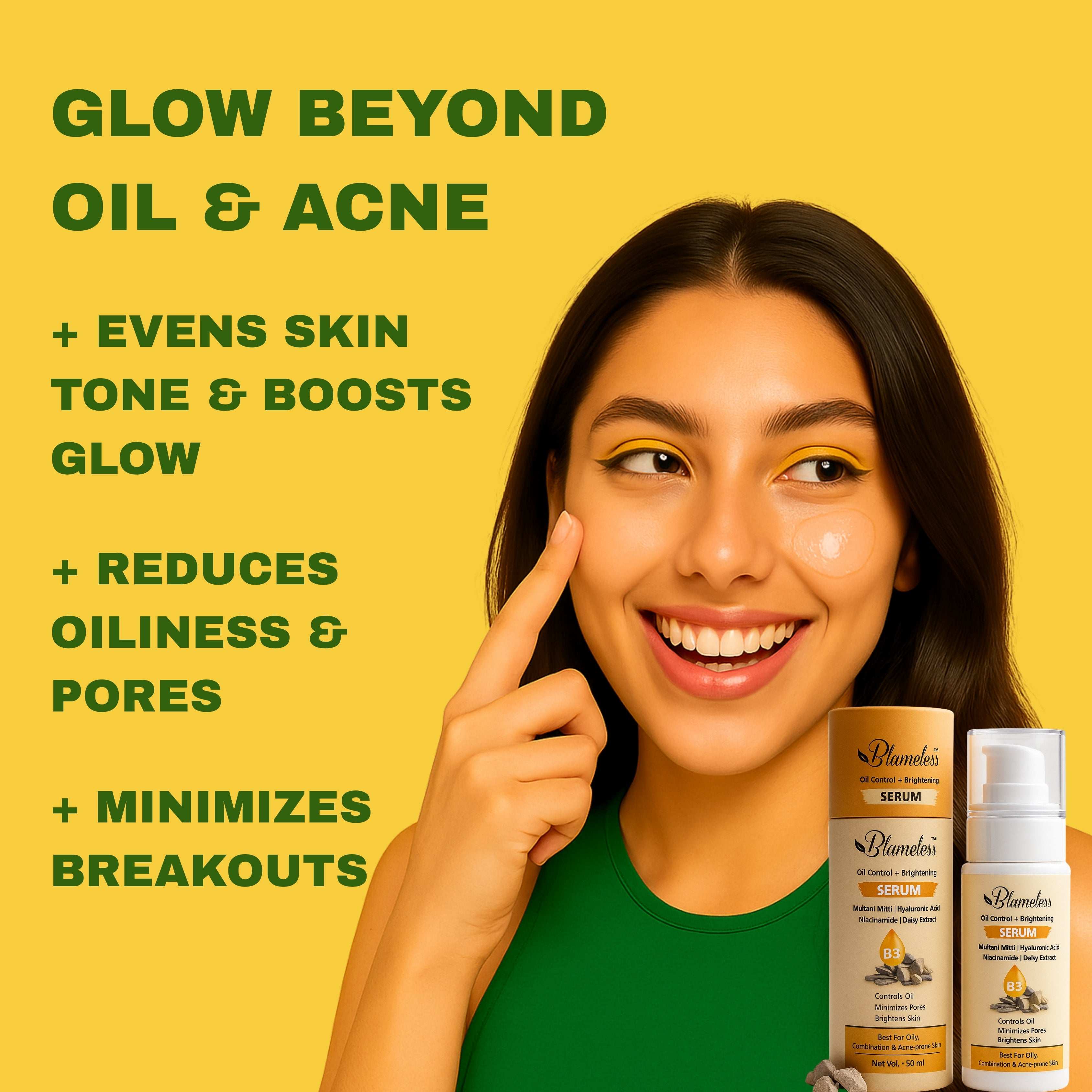 Blameless Oil Control + Brightening Serum | Niacinamide, Multani Mitti, Hyaluronic Acid & Daisy Extract | Lightweight Gel for Oily, Acne-Prone Skin | Controls Sebum, Minimizes Pores & Evens Tone | 50ml