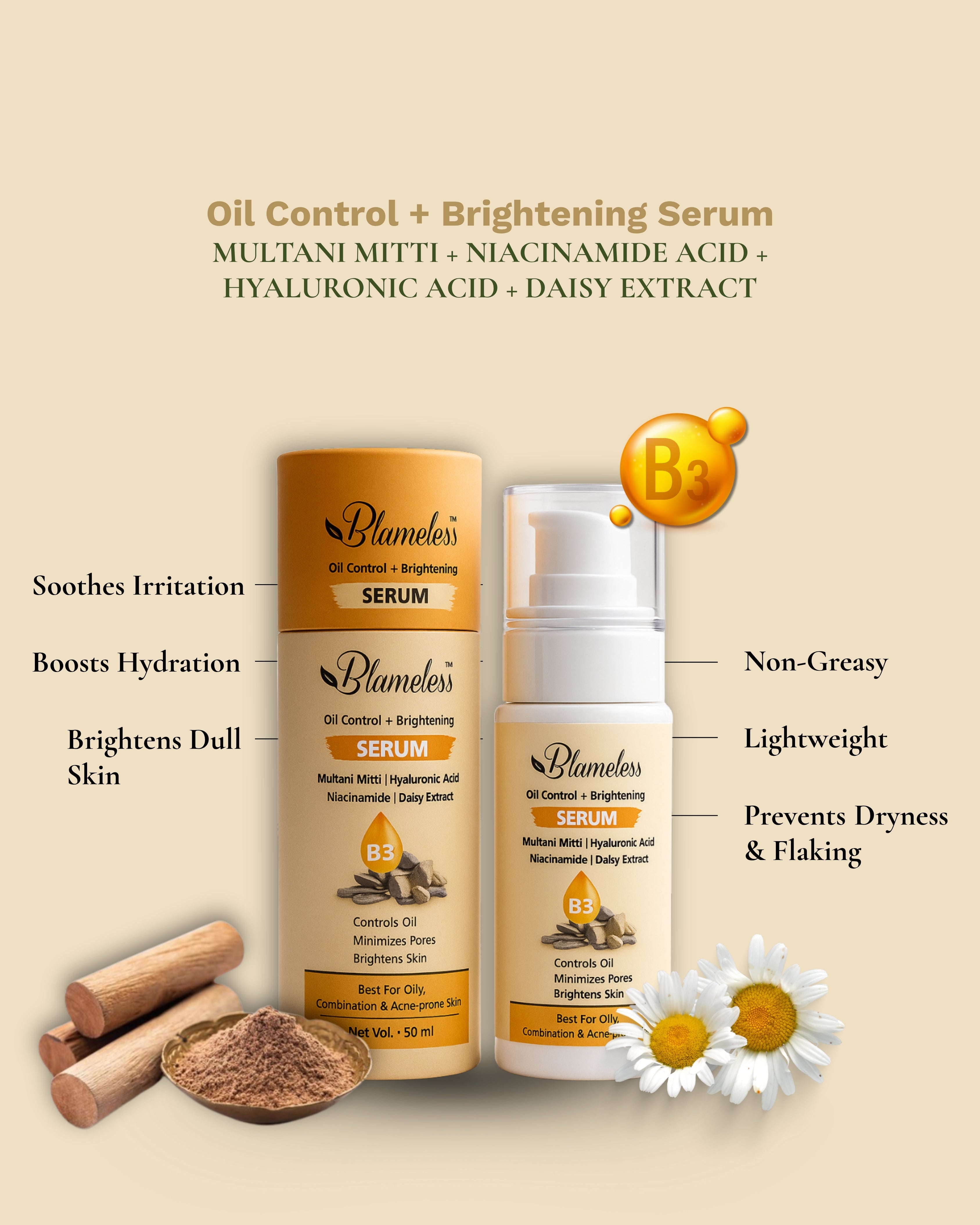 Blameless Oil Control + Brightening Serum | Niacinamide, Multani Mitti, Hyaluronic Acid & Daisy Extract | Lightweight Gel for Oily, Acne-Prone Skin | Controls Sebum, Minimizes Pores & Evens Tone | 50ml