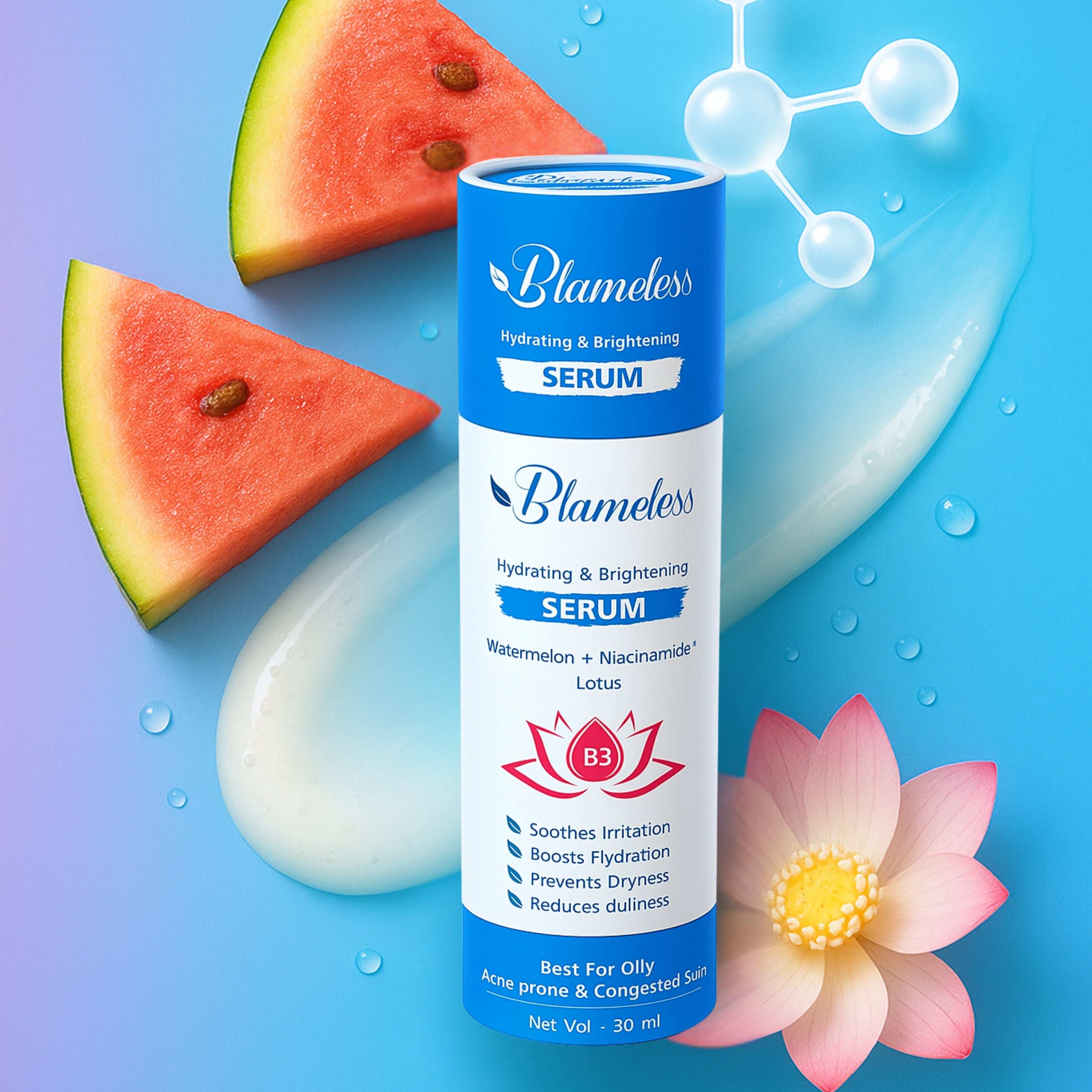 Blameless Hydrating & Brightening Serum | With Watermelon, Niacinamide & Lotus Extracts | For Oily, Acne-Prone & Congested Skin | 50ml