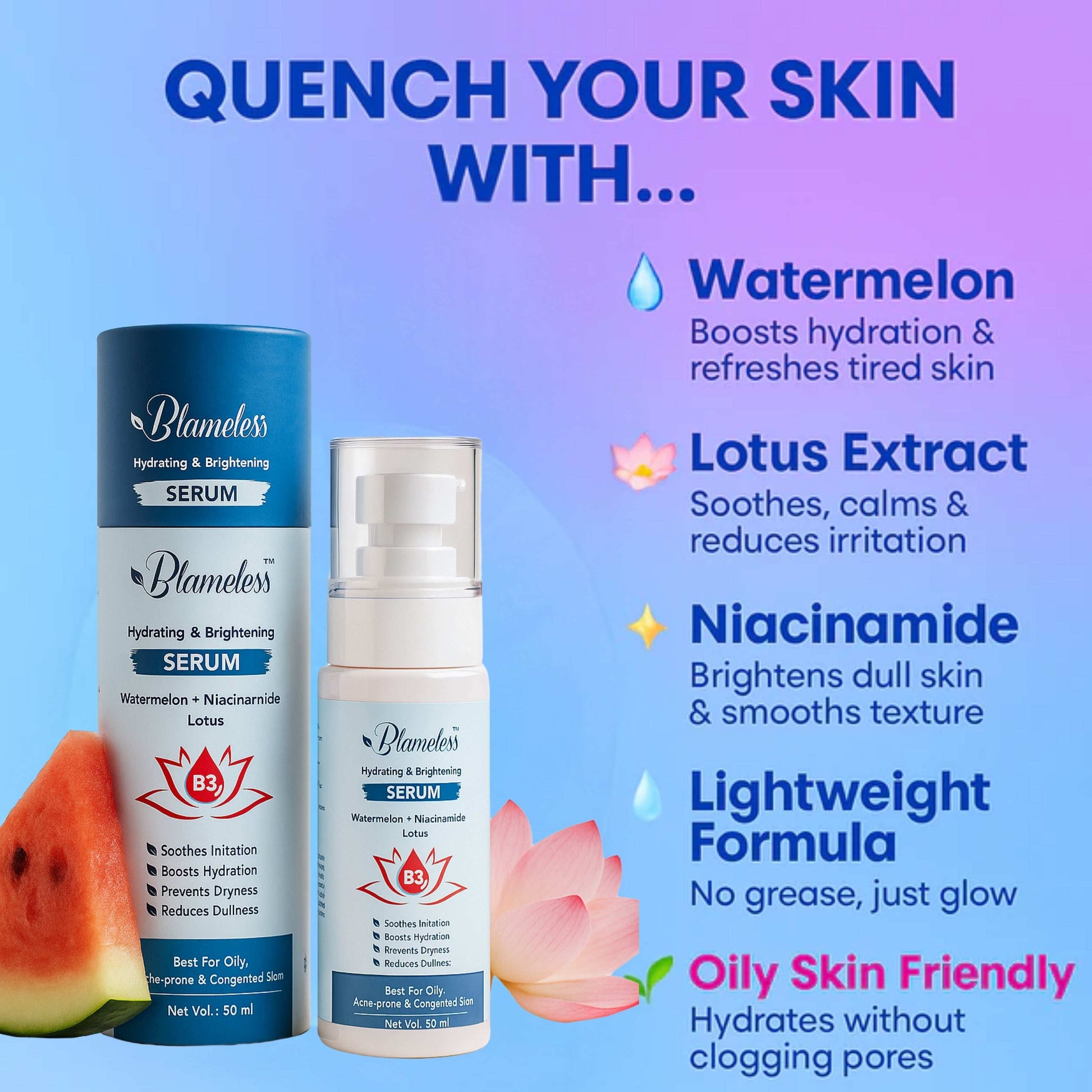 Blameless Hydrating & Brightening Serum | With Watermelon, Niacinamide & Lotus Extracts | For Oily, Acne-Prone & Congested Skin | 50ml